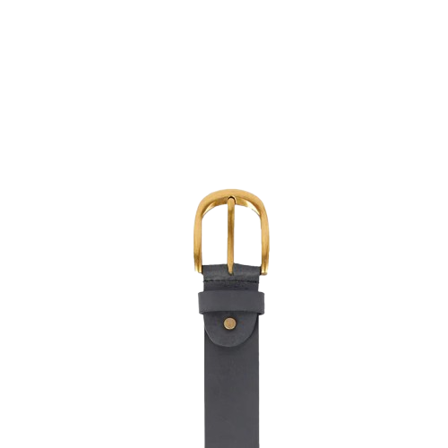 Mens Black Leather Belt with Gold-Tone Buckle