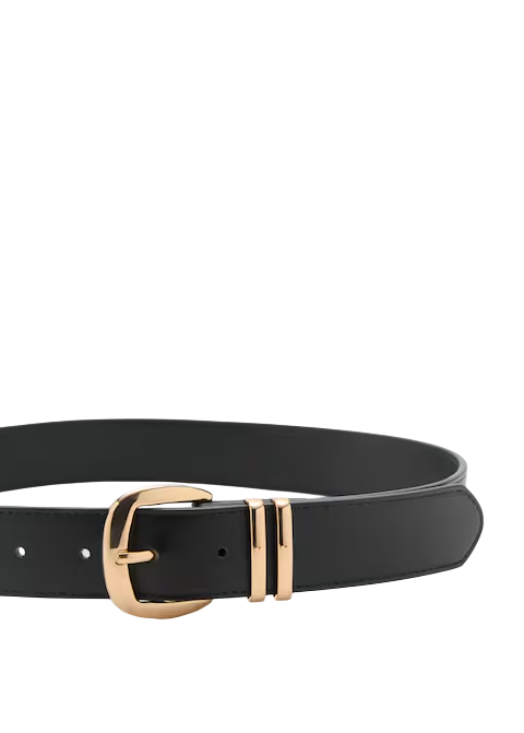 Womens Black Faux Leather Belt with Gold Buckle