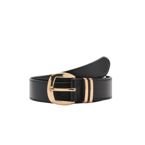 Womens Black Faux Leather Belt with Gold Buckle