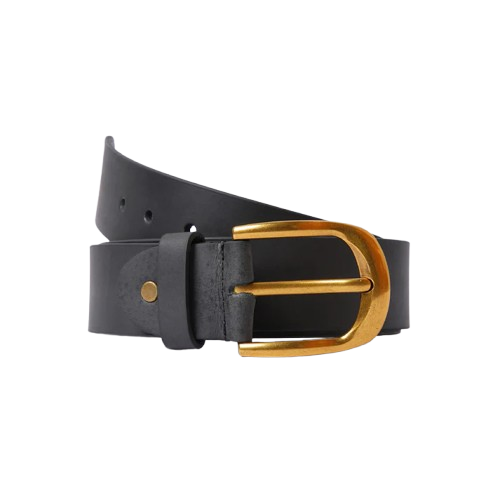 Mens Black Leather Belt with Gold-Tone Buckle